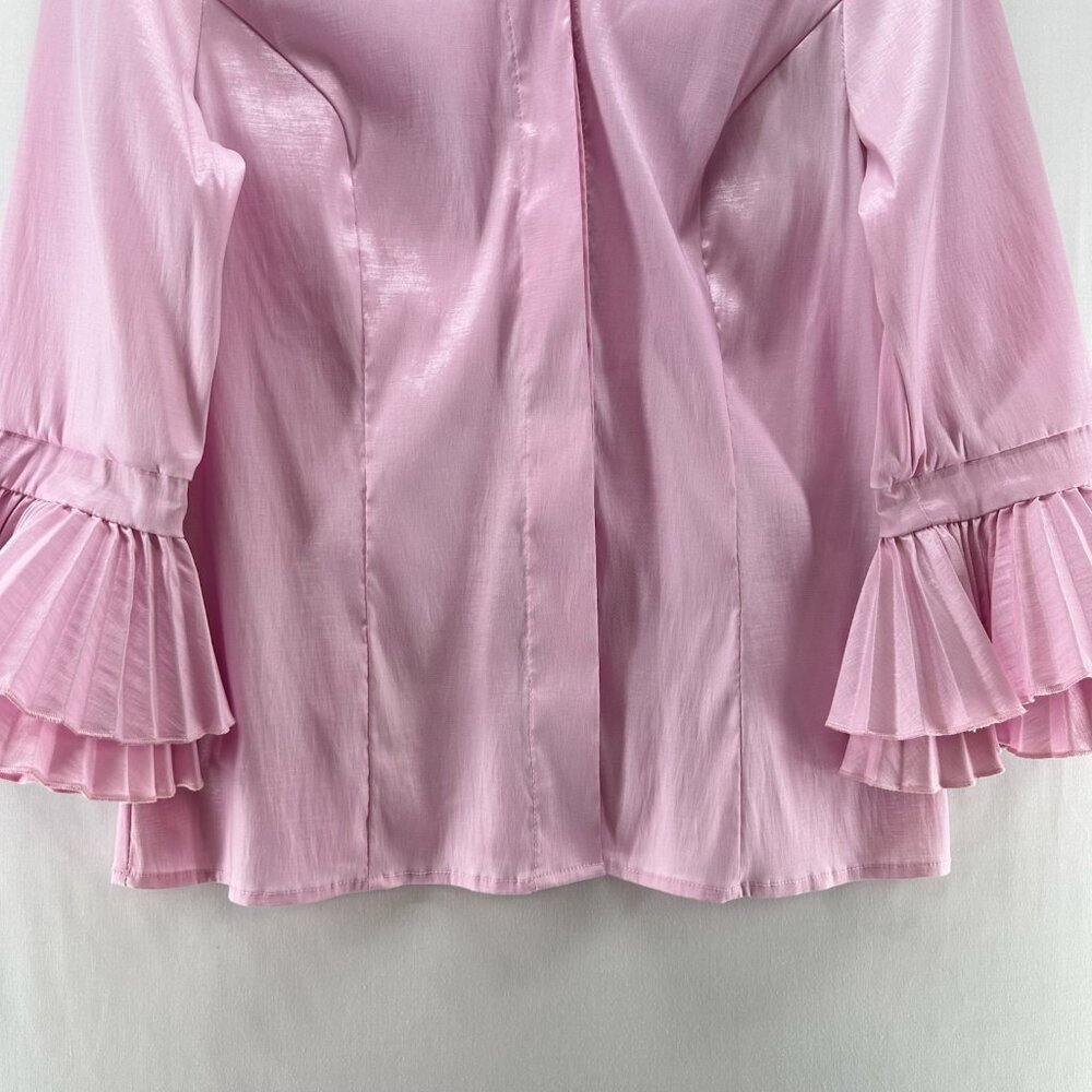 Victor Costa Top Womens S Satin Blouse Hidden Button Pleated Bell Sleeve Pink - Picture 4 of 12